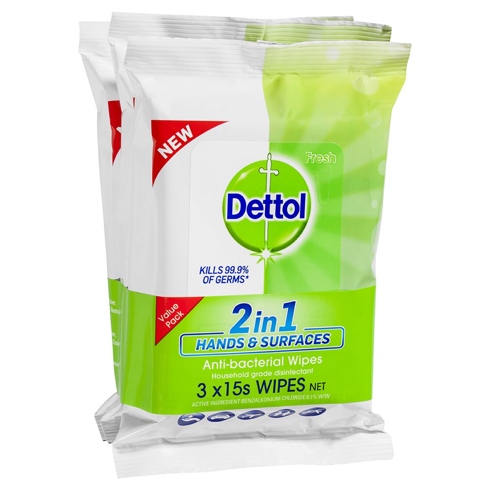 Dettol 2 in 1 Hands & Surfaces Antibacterial Wipes 3 x 15 Pack